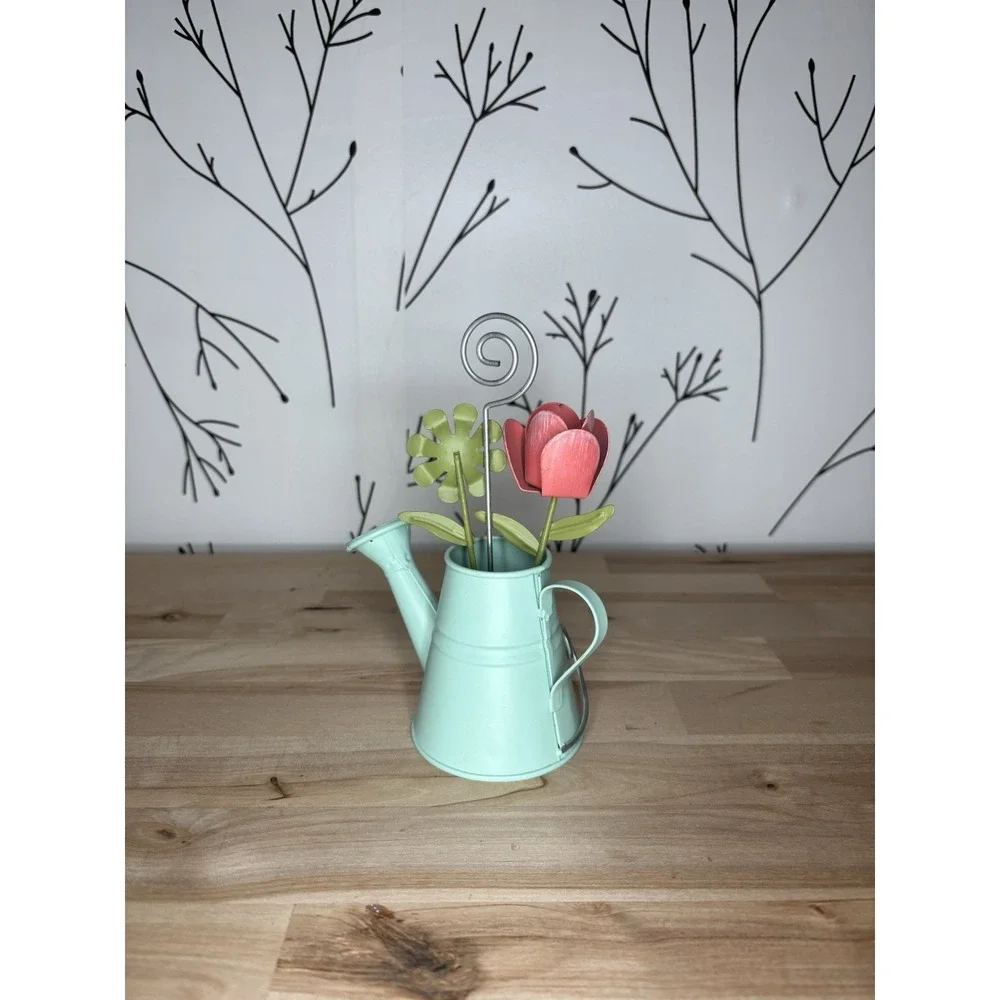 Watering‎ Can Photo Holder Flowers Bee Whimsical Mint Green